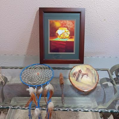 DREAM CATCHER, FRAMED PICTURE OF POT, DECOUPAGE ON WOOD AND CORN COB HANDLED TOOL