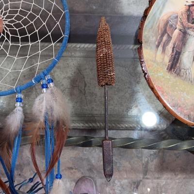DREAM CATCHER, FRAMED PICTURE OF POT, DECOUPAGE ON WOOD AND CORN COB HANDLED TOOL