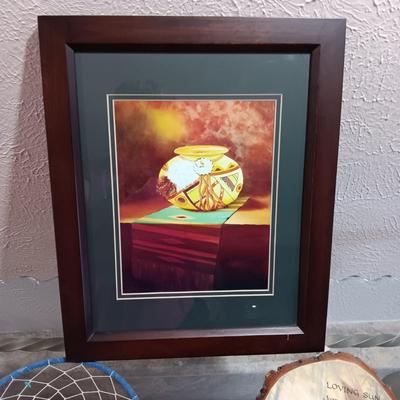 DREAM CATCHER, FRAMED PICTURE OF POT, DECOUPAGE ON WOOD AND CORN COB HANDLED TOOL