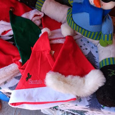 BELL WREATH, WOOD SLEIGH, METAL STOCKING, SANTA HATS AND LARGE DOG DRESS