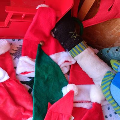 BELL WREATH, WOOD SLEIGH, METAL STOCKING, SANTA HATS AND LARGE DOG DRESS