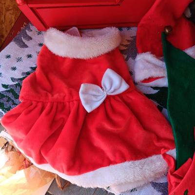 BELL WREATH, WOOD SLEIGH, METAL STOCKING, SANTA HATS AND LARGE DOG DRESS