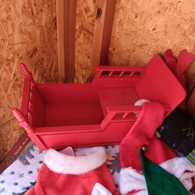 BELL WREATH, WOOD SLEIGH, METAL STOCKING, SANTA HATS AND LARGE DOG DRESS
