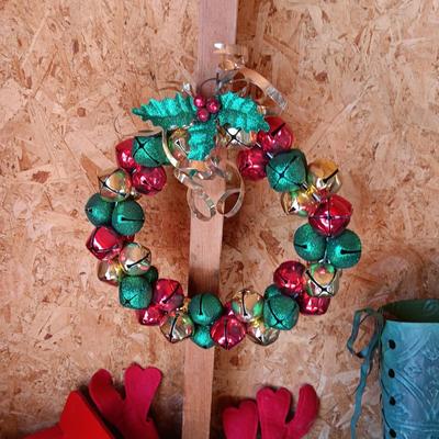 BELL WREATH, WOOD SLEIGH, METAL STOCKING, SANTA HATS AND LARGE DOG DRESS