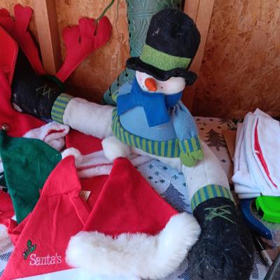 BELL WREATH, WOOD SLEIGH, METAL STOCKING, SANTA HATS AND LARGE DOG DRESS