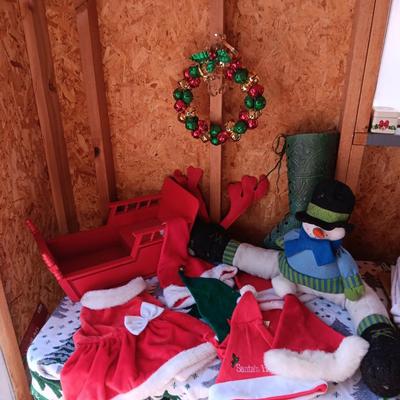 BELL WREATH, WOOD SLEIGH, METAL STOCKING, SANTA HATS AND LARGE DOG DRESS