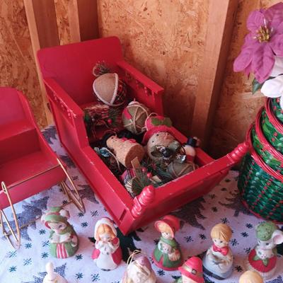 2 SLEIGHS, HOLIDAY BELLS, ORNAMENTS AND MORE