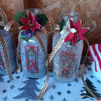 PARTYLITE CANDLE HOLDERS, DECORATED GLASS MILK BOTTLES AND MORE