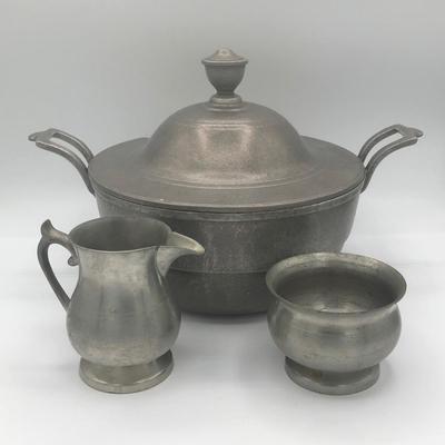 LOT 63K: Vintage Pewter - Woodbury Pewterer's Sugar Bowl and Creamer & Wilton-Columbia Serving Dish w/ Lid