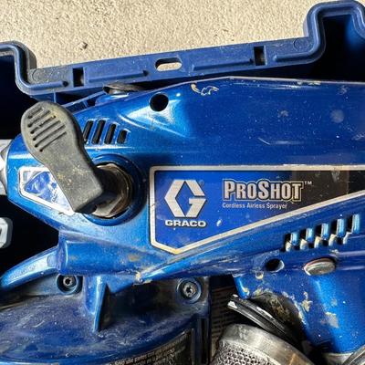 GRACO PRO SHOT PAINT SPRAY GUN, AIR HOSES, PALM SANDER AND MORE