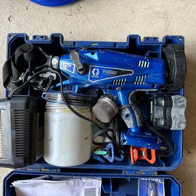 GRACO PRO SHOT PAINT SPRAY GUN, AIR HOSES, PALM SANDER AND MORE