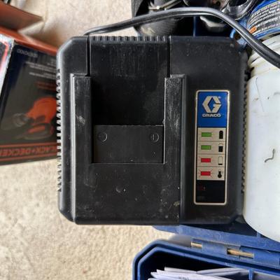 GRACO PRO SHOT PAINT SPRAY GUN, AIR HOSES, PALM SANDER AND MORE