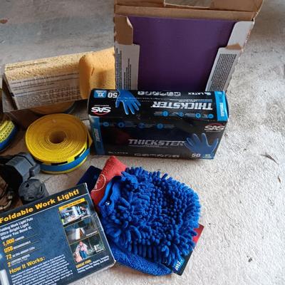 NEW FOLDABLE WORK LIGHT, NYLON STRAP, BOX OF DISPOSABLE GLOVES, 220 WATT PIGTAIL AND MORE