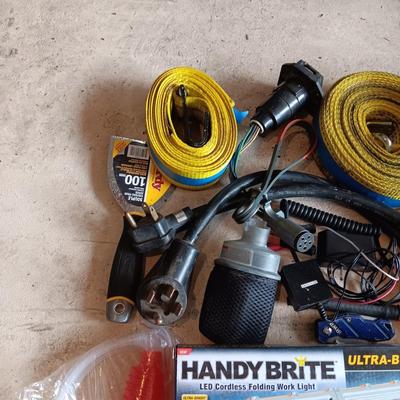 NEW FOLDABLE WORK LIGHT, NYLON STRAP, BOX OF DISPOSABLE GLOVES, 220 WATT PIGTAIL AND MORE