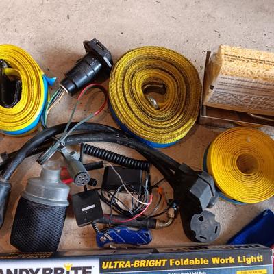 NEW FOLDABLE WORK LIGHT, NYLON STRAP, BOX OF DISPOSABLE GLOVES, 220 WATT PIGTAIL AND MORE