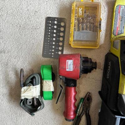 RYOBI 10" CORDLESS CHAINSAW, HUSKY 6" DA AIR SANDER, DRILL BITS AND MORE