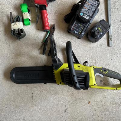 RYOBI 10" CORDLESS CHAINSAW, HUSKY 6" DA AIR SANDER, DRILL BITS AND MORE