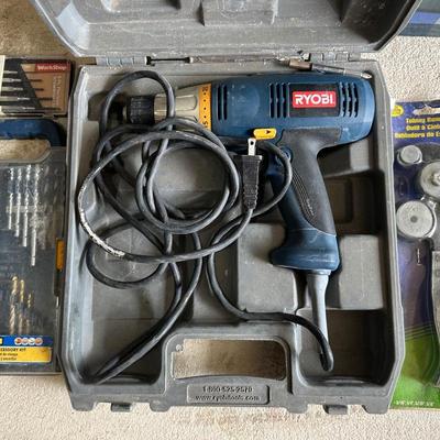 RYOBI DRILL IN CASE, DRILL BITS & TUBING PIPE BENDER
