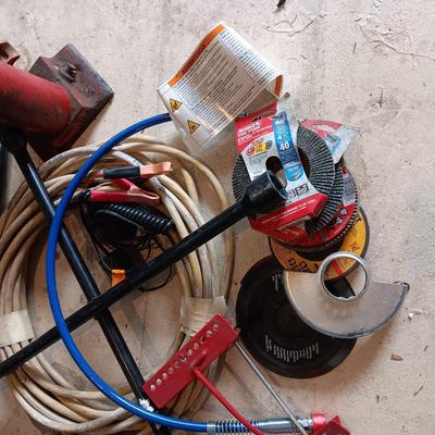 FOLDING WORK LIGHT, BOTTLE JACK, 4 WAY LUG WRENCH, GRINDING WHEELS