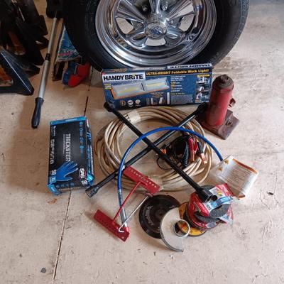 FOLDING WORK LIGHT, BOTTLE JACK, 4 WAY LUG WRENCH, GRINDING WHEELS
