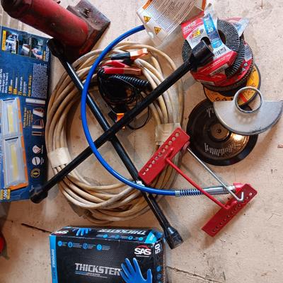 FOLDING WORK LIGHT, BOTTLE JACK, 4 WAY LUG WRENCH, GRINDING WHEELS