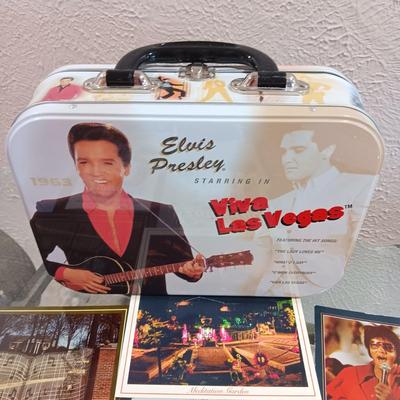 METAL ELVIS LUNCH BOX, T-SHIRT MEDIUM, POSTCARDS & PLATE