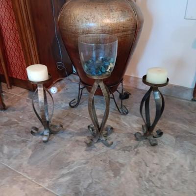 LARGE PLASTER FLOOR VASE WITH FOLIAGE AND METAL CANDLE HOLDERS