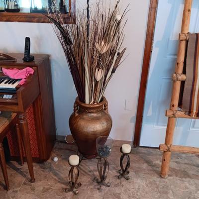 LARGE PLASTER FLOOR VASE WITH FOLIAGE AND METAL CANDLE HOLDERS