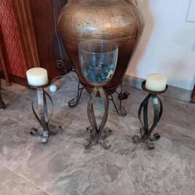 LARGE PLASTER FLOOR VASE WITH FOLIAGE AND METAL CANDLE HOLDERS