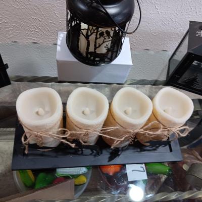 FLAMELESS CANDLES AND 3 CANDLE LANTERNS