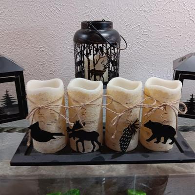 FLAMELESS CANDLES AND 3 CANDLE LANTERNS