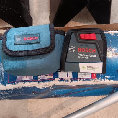 BOSCH LASER LIGHT LEVEL W/TRIPOD, MEASURING WHEEL, JACK STANDS AND MORE