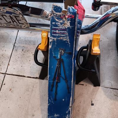 BOSCH LASER LIGHT LEVEL W/TRIPOD, MEASURING WHEEL, JACK STANDS AND MORE