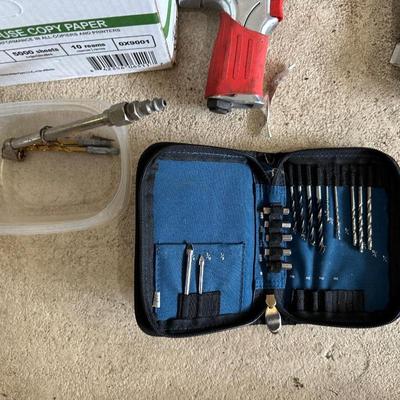 HUSKY IMPACT WRENCH, RIDGID PALM SANDER, DRILL BITS AND BOXES FROM THE CATCH ALL DRAWERS