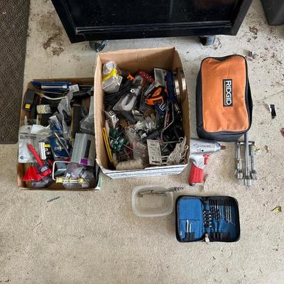 HUSKY IMPACT WRENCH, RIDGID PALM SANDER, DRILL BITS AND BOXES FROM THE CATCH ALL DRAWERS