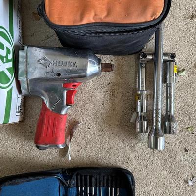 HUSKY IMPACT WRENCH, RIDGID PALM SANDER, DRILL BITS AND BOXES FROM THE CATCH ALL DRAWERS
