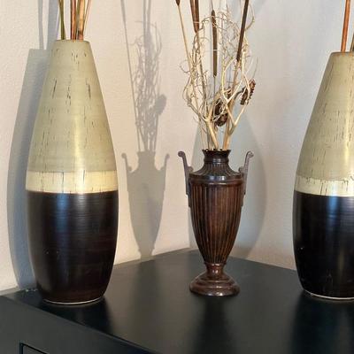 2 MATCHING VASES WITH 1 METAL VASE