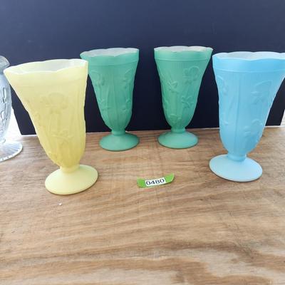 4 Vintage Iris &Herringbone Milk Glass Vases Yellow Green Blue