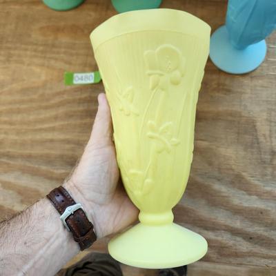 4 Vintage Iris &Herringbone Milk Glass Vases Yellow Green Blue