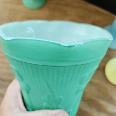 4 Vintage Iris &Herringbone Milk Glass Vases Yellow Green Blue