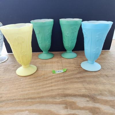 4 Vintage Iris &Herringbone Milk Glass Vases Yellow Green Blue
