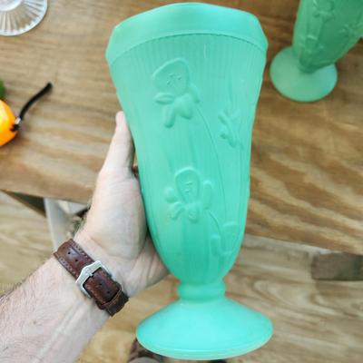 4 Vintage Iris &Herringbone Milk Glass Vases Yellow Green Blue