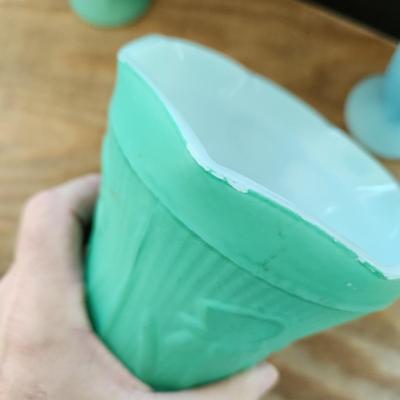 4 Vintage Iris &Herringbone Milk Glass Vases Yellow Green Blue