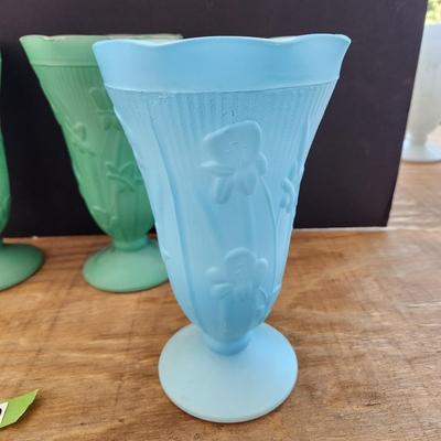 4 Vintage Iris &Herringbone Milk Glass Vases Yellow Green Blue