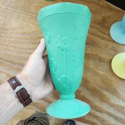 4 Vintage Iris &Herringbone Milk Glass Vases Yellow Green Blue