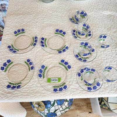 14 piece Blue flower Glassware Plates Cups Saucers Creamer Sugar