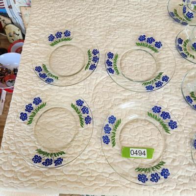 14 piece Blue flower Glassware Plates Cups Saucers Creamer Sugar