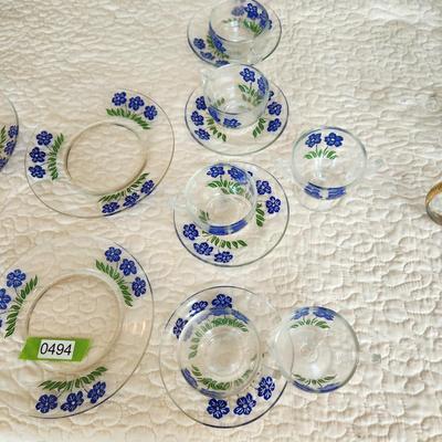 14 piece Blue flower Glassware Plates Cups Saucers Creamer Sugar