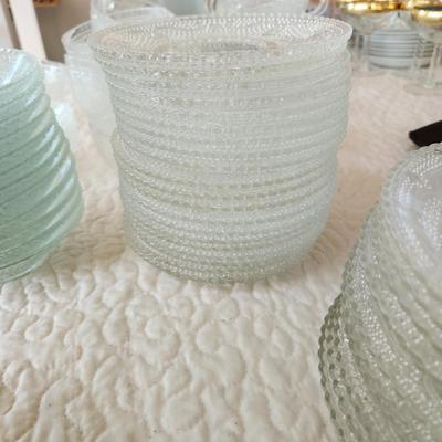 Large Collection of Depression Glass Daisy Plates, Cup, Saucer Bowls