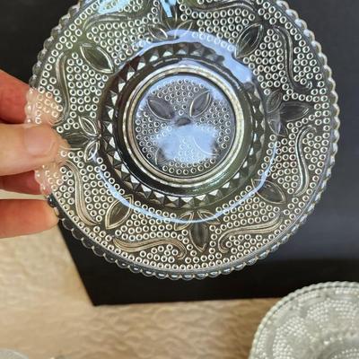 Large Collection of Depression Glass Daisy Plates, Cup, Saucer Bowls